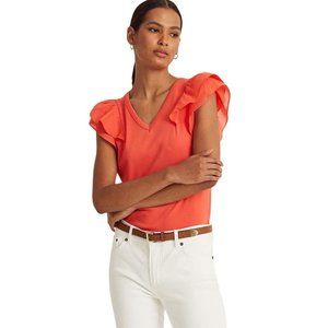 NWT Lauren Ralph Lauren Ruffle-Sleeve Slub Jersey T-Shirt Hyannis Port Orange XS